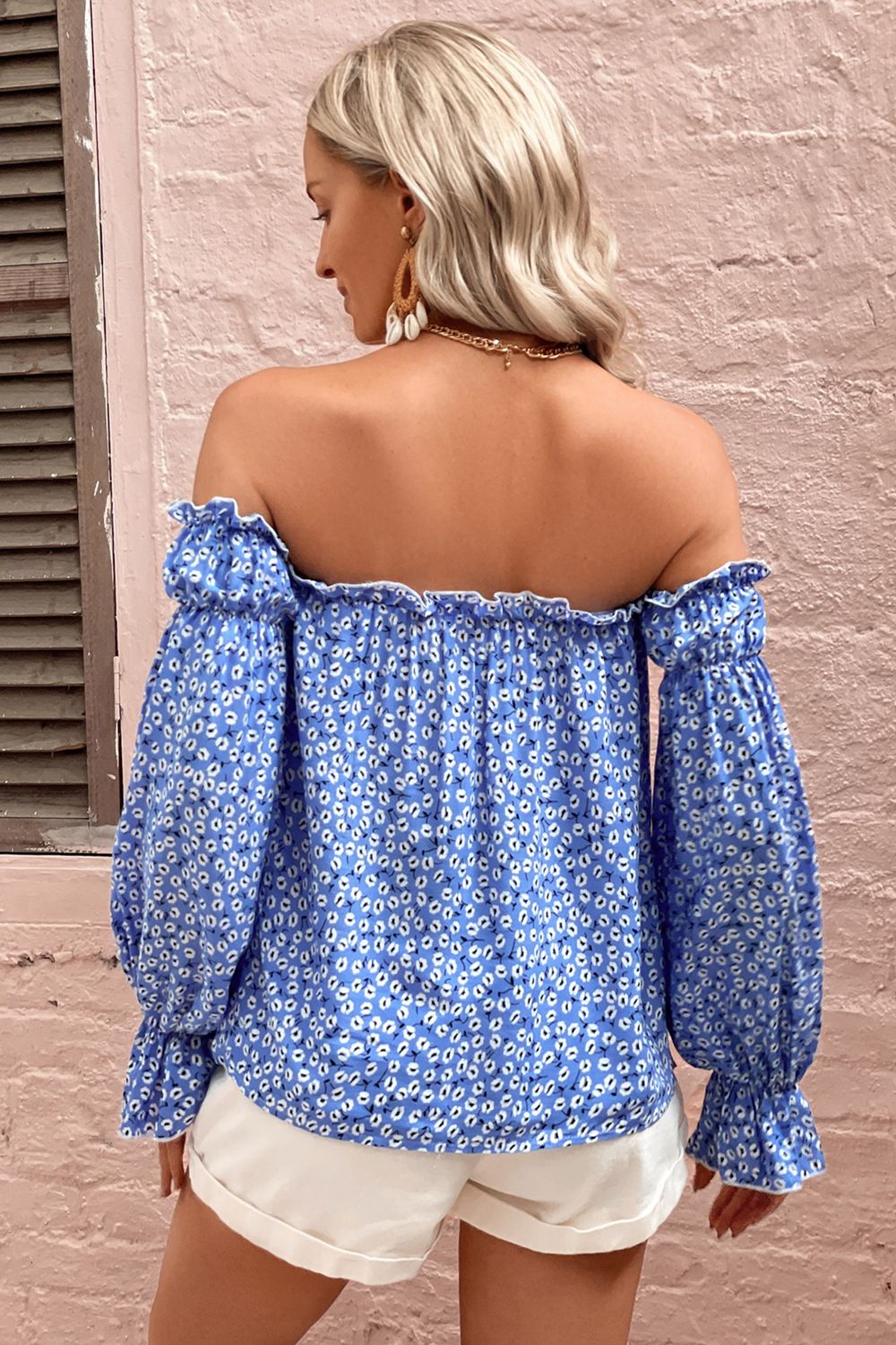 Shoulder Patterned with Off Blouse Frill Trim