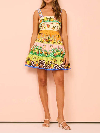 Summer MulticolorLemon Preated Charming Hem Mini Dress