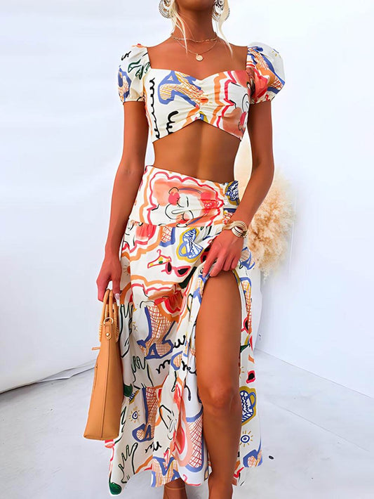 Summer Printed Top And Graceful Wrap Skirt Two-Piece Suit