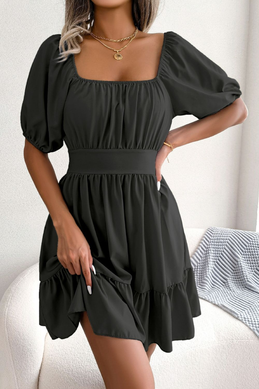 Square Neck Balloon Sleeve Ruffled Dress