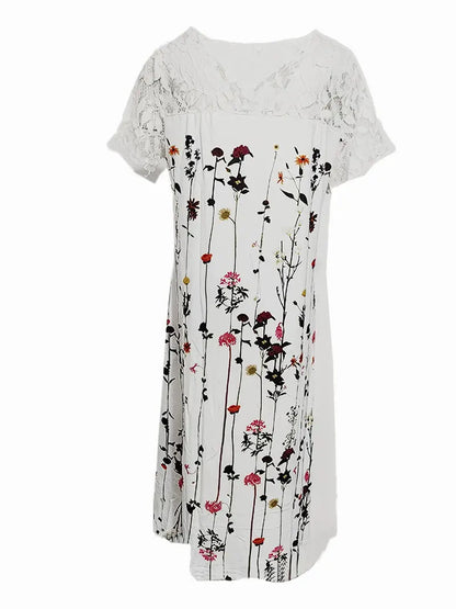 White Lace Sleeve Floral Print Maxi Dress with Flower Pattern