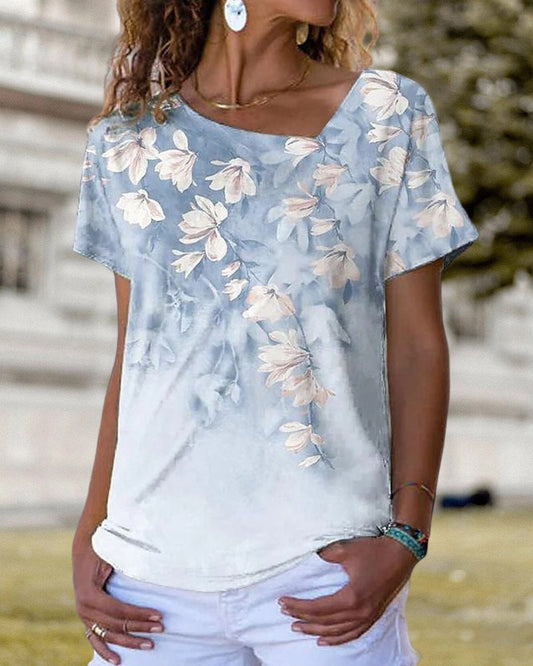 V-neck Design Flowered T-shirt