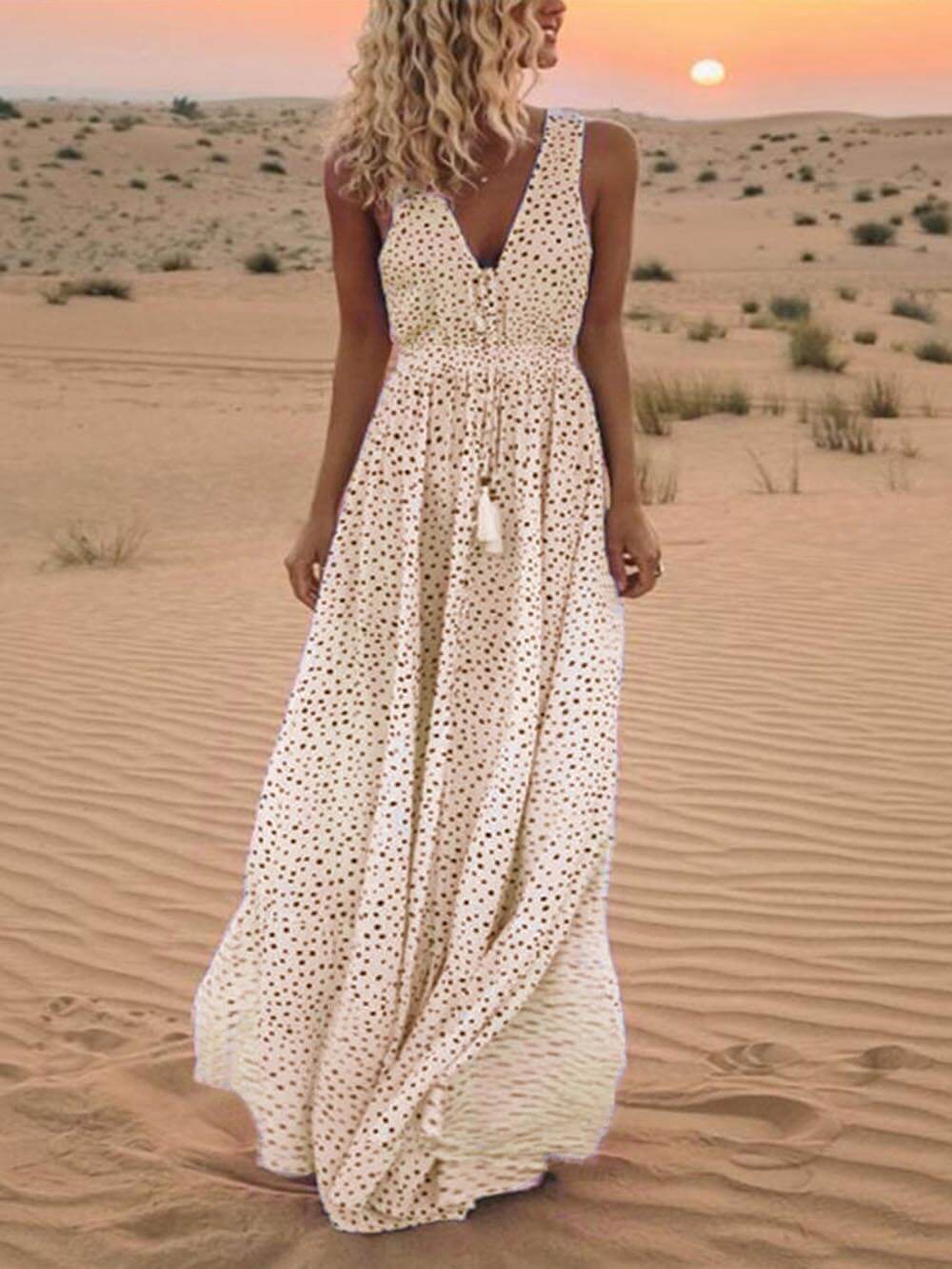 Bohemian V-Neck Sleeveless Charming Polka-Dot Maxi Skirt