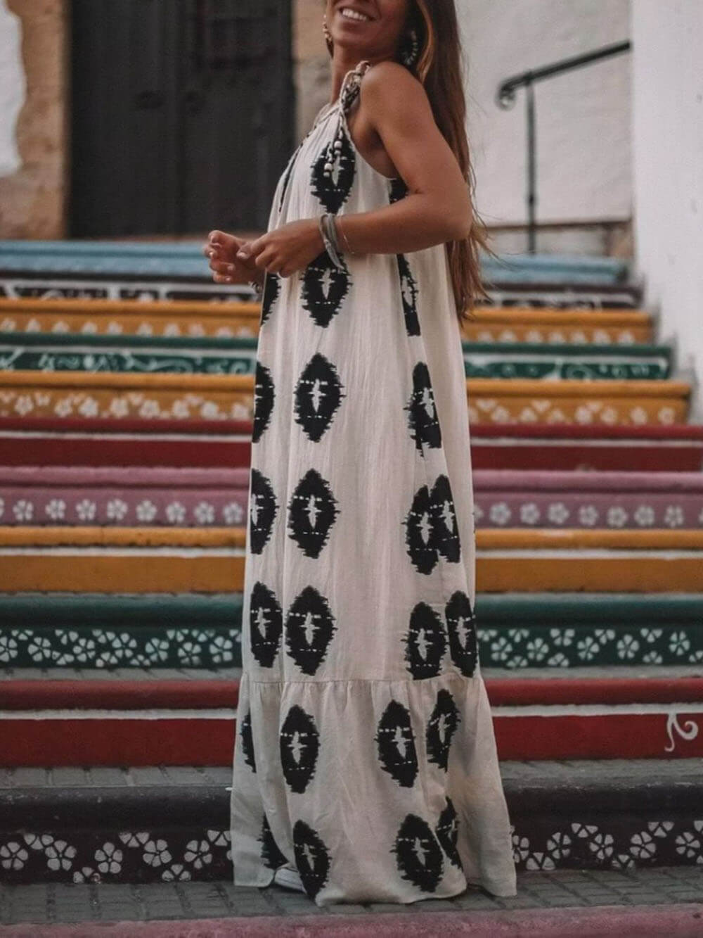 Sunshine Ethnic Print One Graceful Shoulder Loose Maxi Dress