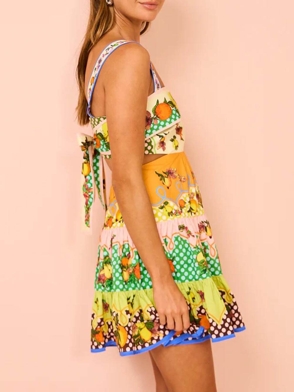 Summer MulticolorLemon Preated Charming Hem Mini Dress