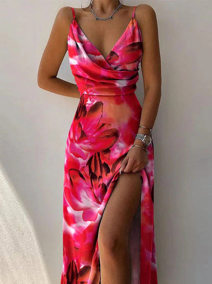 V-Neck Floral Print Split Strap Party Dress