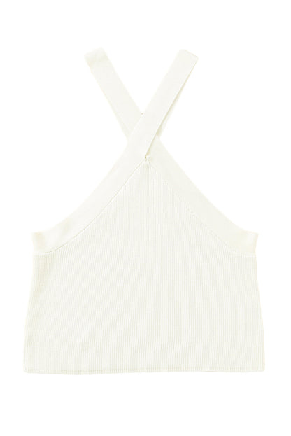 White Neck Knit Ribbed Halter Tank Cross Criss Top