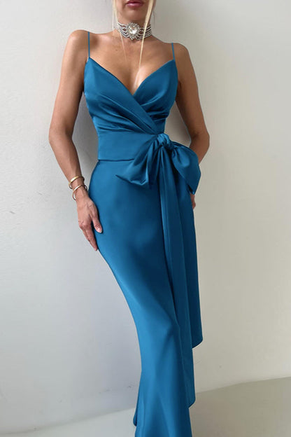 V-Neck Bow Tie Waist-Cinched Bodycon Party Dress