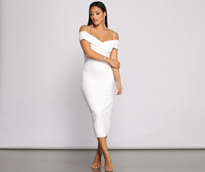 Valeria Formal Off The Graceful Shoulder Crepe Midi Dress