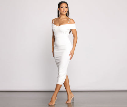 Valeria Formal Off The Graceful Shoulder Crepe Midi Dress