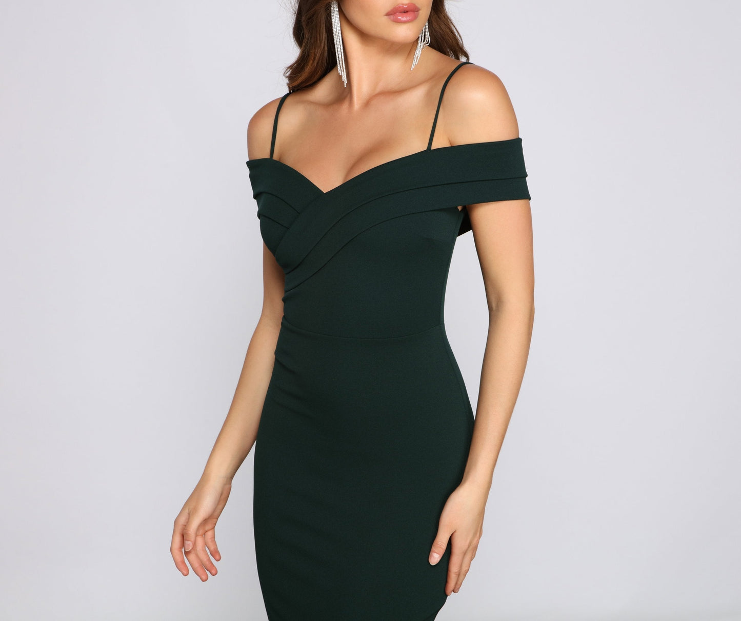 Valeria Formal Off The Graceful Shoulder Crepe Midi Dress