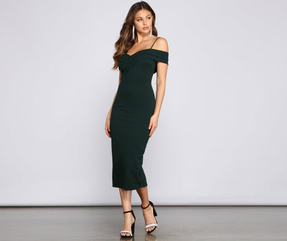 Valeria Formal Off The Graceful Shoulder Crepe Midi Dress