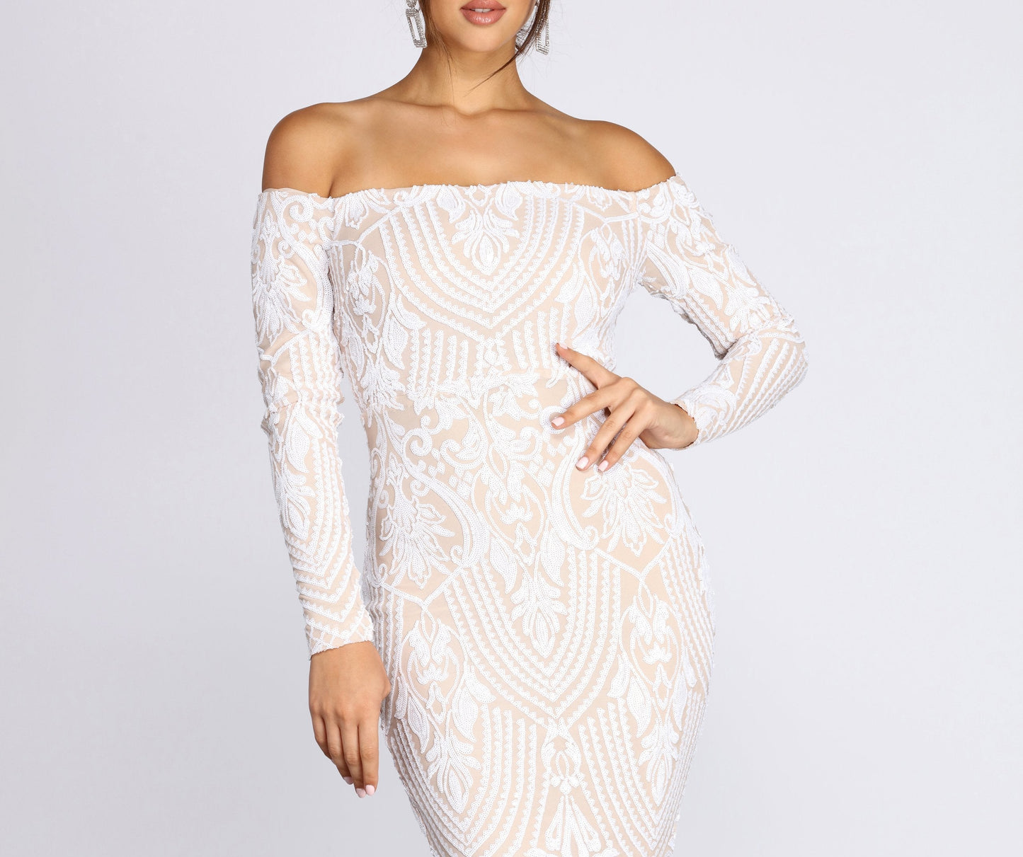 Sierra Sequin Off Charming The Shoulder Formal Dress