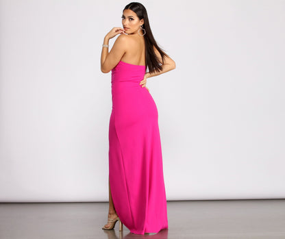 April Front Slit Charming Strapless Crepe Dress