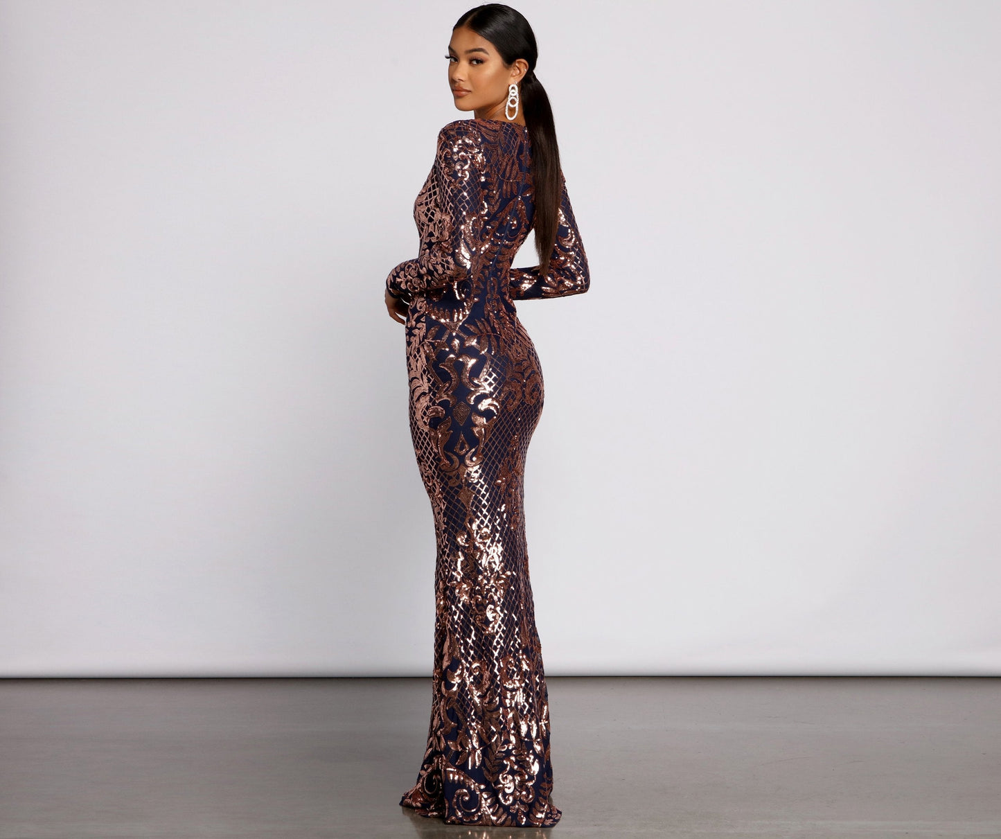 Cosybreezee - Ayla Long Sleeve Sequin Scroll Formal Dress