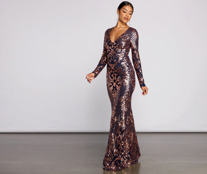 Cosybreezee - Ayla Long Sleeve Sequin Scroll Formal Dress