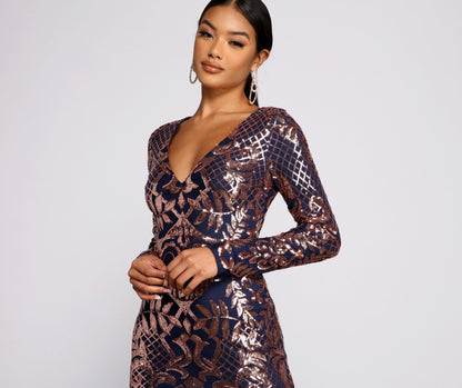 Cosybreezee - Ayla Long Sleeve Sequin Scroll Formal Dress