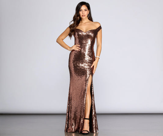 Anika Off The Charming Shoulder Sequin Dress