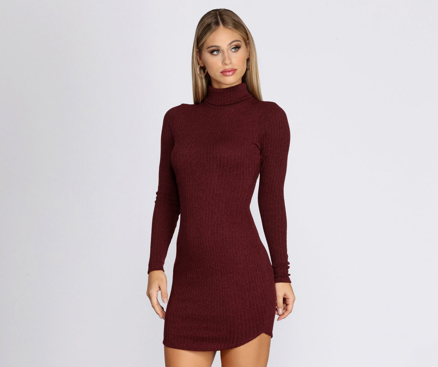 Turtleneck Long Sleeve Charming Ribbed Knit Mini Dress