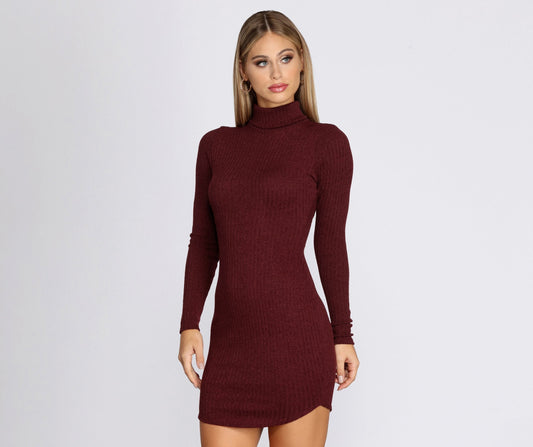 Turtleneck Long Sleeve Charming Ribbed Knit Mini Dress