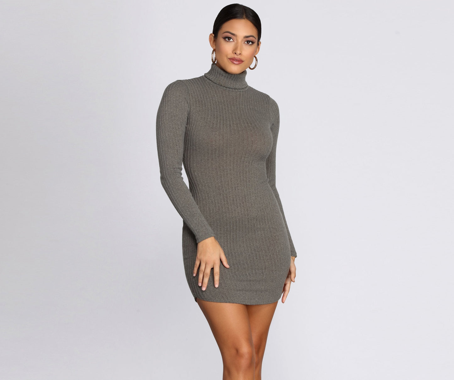 Turtleneck Long Sleeve Charming Ribbed Knit Mini Dress