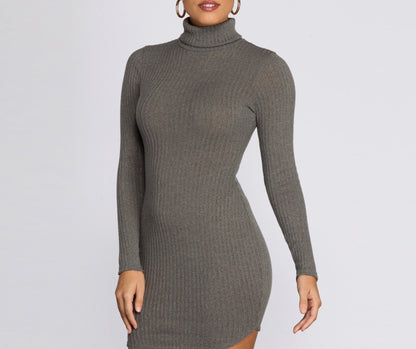 Turtleneck Long Sleeve Charming Ribbed Knit Mini Dress