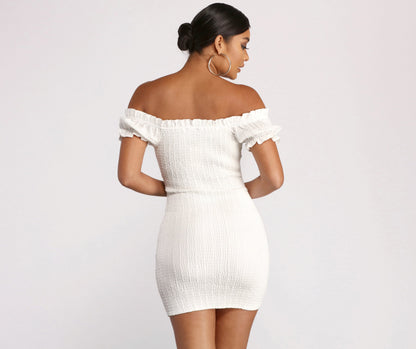 Show 'Em Off Charming Shoulder Smocked Mini Dress