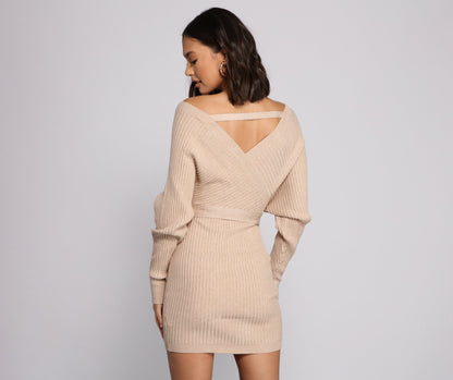 Ribbed Knit Tie-Front Charming Mini Sweater Dress