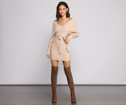 Ribbed Knit Tie-Front Charming Mini Sweater Dress