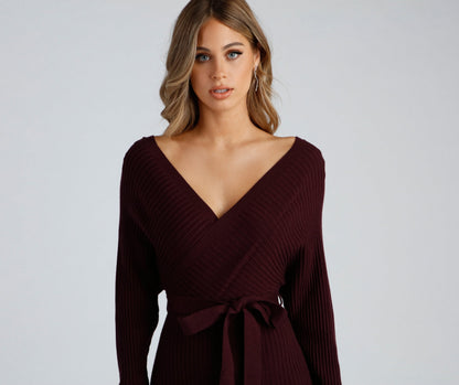 Ribbed Knit Tie-Front Charming Mini Sweater Dress