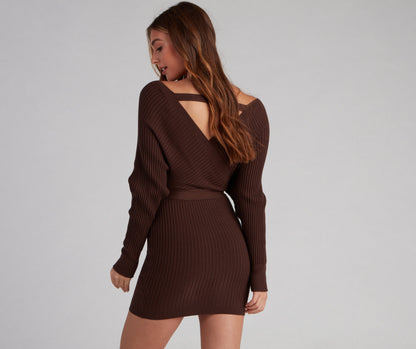 Ribbed Knit Tie-Front Charming Mini Sweater Dress