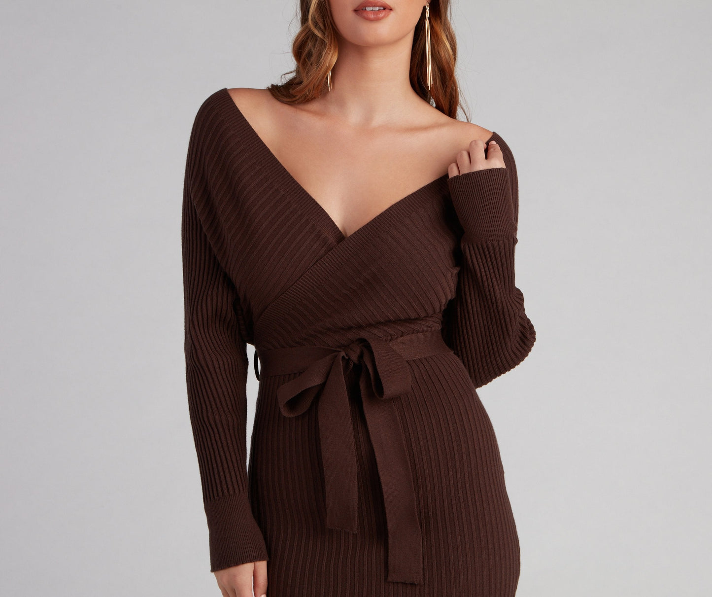 Ribbed Knit Tie-Front Charming Mini Sweater Dress