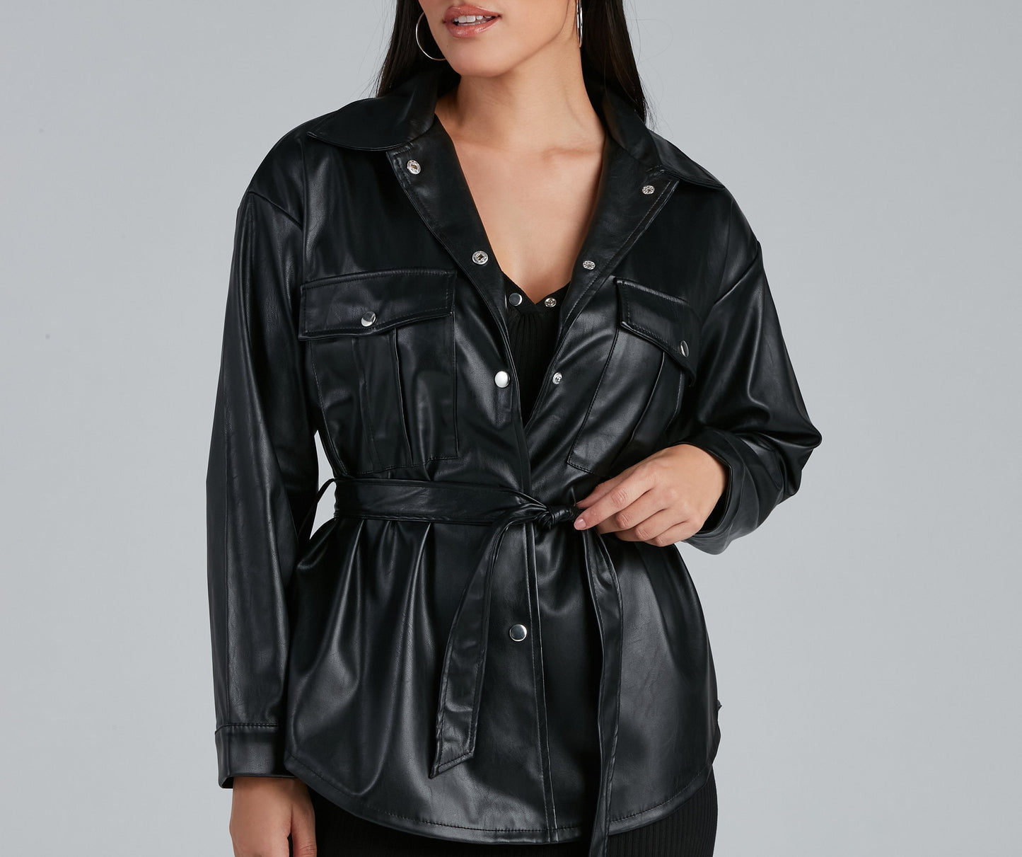 Sleek Trends Faux Leather Tie-Waist Shirt Jacket