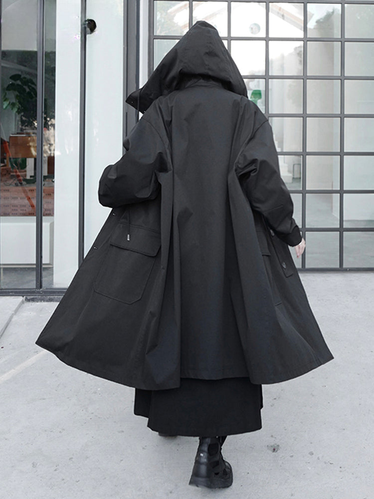 Spring Autumn Long Oversized Black Hood Dark Aesthetic Luxury Designer 2024 Stylish Coat