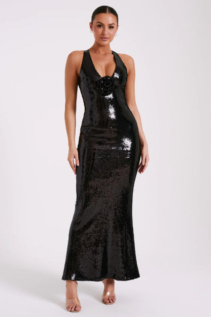 3D Flower Stylish Black Sequin Gown