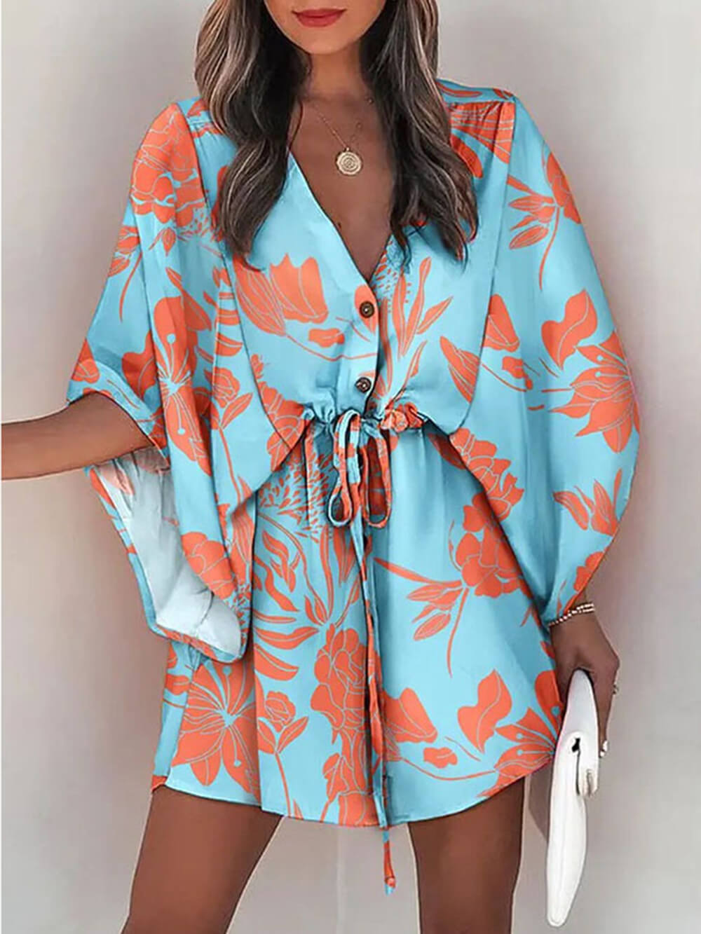 Cosybreezee - Charming Batwing Sleeve V-Neck Tie Printed Dress