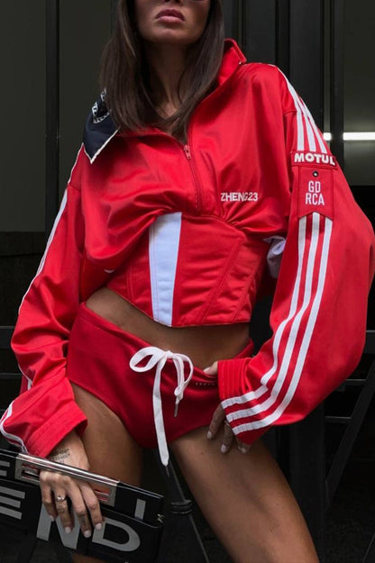 Satin Ruched Half Zip Crop  Blouse
