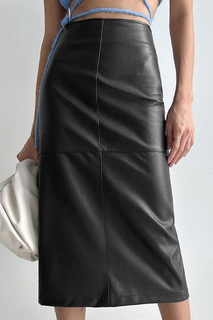 PU Leather High-Waisted Slit Midi Skirt