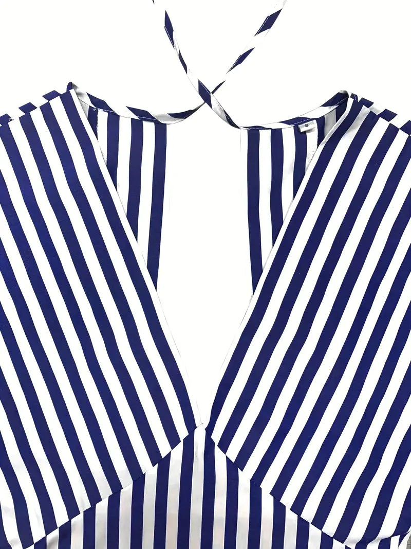 Blue Striped Backless Short Sleeve Mini Dress