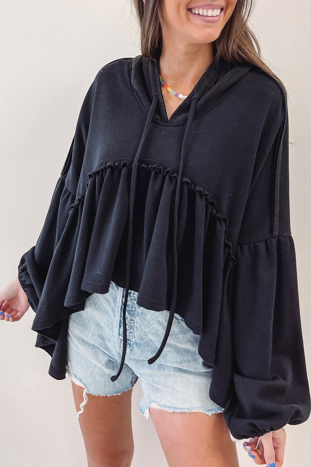 Black Drop Ruffled Oversized High Low Hem Shoulder Hoodie