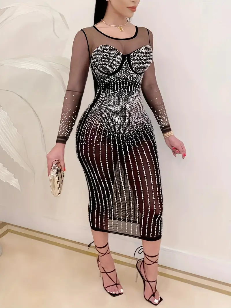 Rhinestone Mesh Long Sleeve Bodycon Dress for Parties