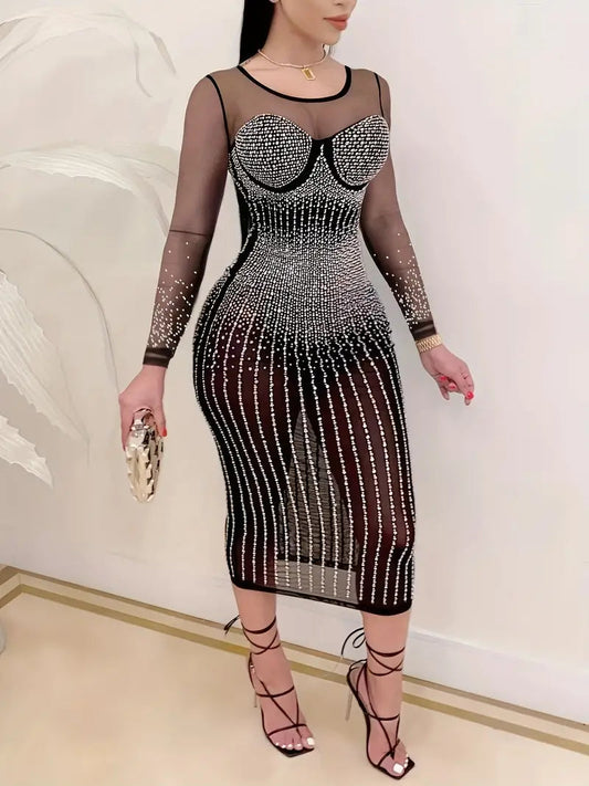 Rhinestone Mesh Long Sleeve Bodycon Dress for Parties