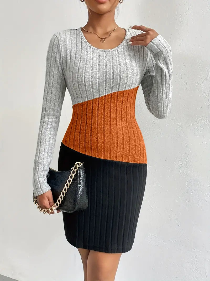 Simple Crew Neck Long Sleeve Dress with Color Block Design