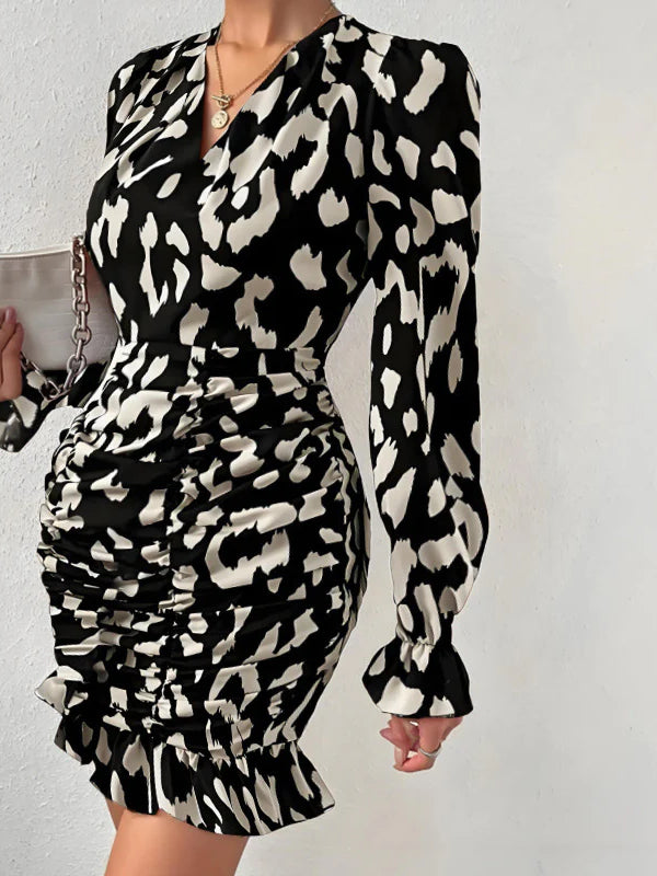 Leopard Print V-neck Tie Waist Bodycon Mini Dress Party Dress