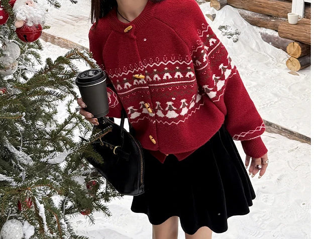 Sweet Christmas Horn Button Cardigan