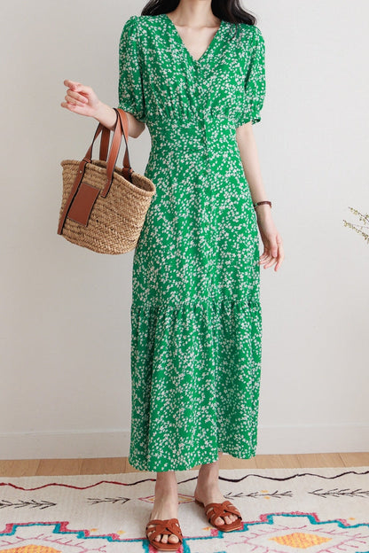 Long Button Flowered Open Flared Dress