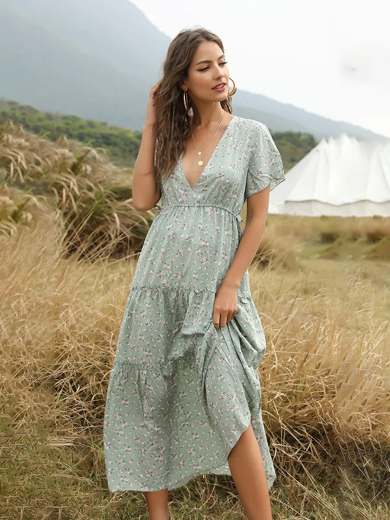 Bohemian Dress with Flower Print - Ankle-Length