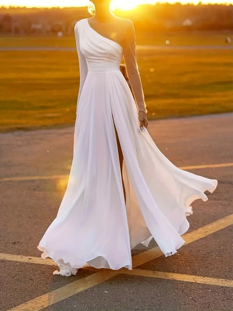 White One Shoulder Chiffon Maxi Dress with Long Sleeve and Slit