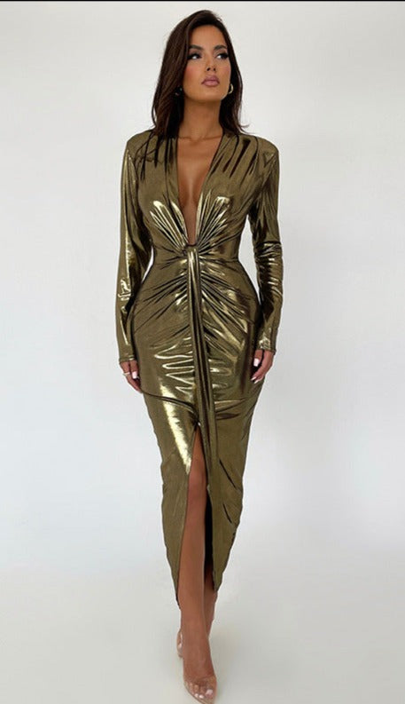 Doris Deep V Neck Long Sleeve Bodycon Maxi Dress