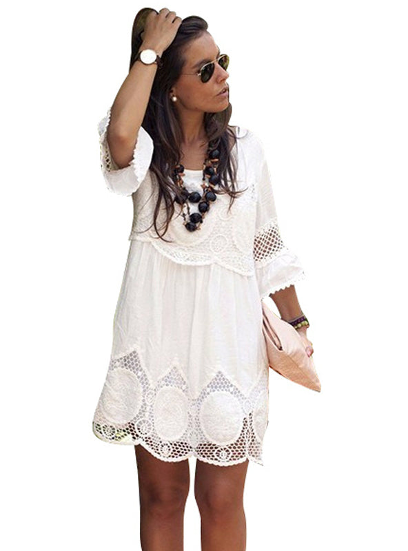 White Lace Dress with Half Sleeves and O-neck for Women